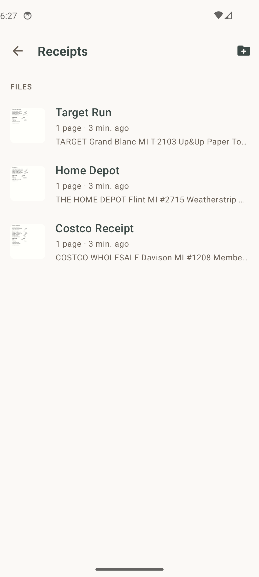 Inside the Receipts folder, three documents listed